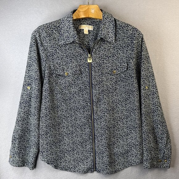 Michael Kors Tops - Michael Kors MK Blouse Top Womens Size L Paisley Floral Full Zip Roll Tab Travel